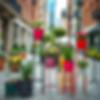 Colorful metal plant pot stands arranged in a stylish urban setting