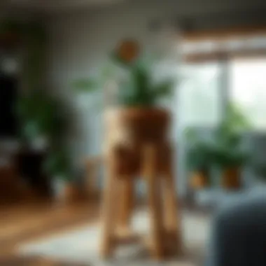 DIY plant pot stand made from reclaimed materials in a cozy interior