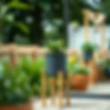 Sustainable bamboo plant pot stand displayed in a garden