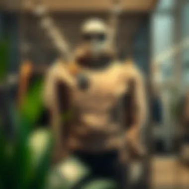 A stylishly arranged neoprene sweat suit on a mannequin with modern accessories