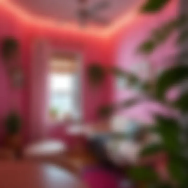 Cozy nook featuring pink sticky wallpaper enhancing emotional ambiance