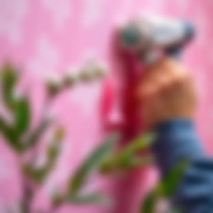 Close-up of pink sticky wallpaper installation demonstrating technique