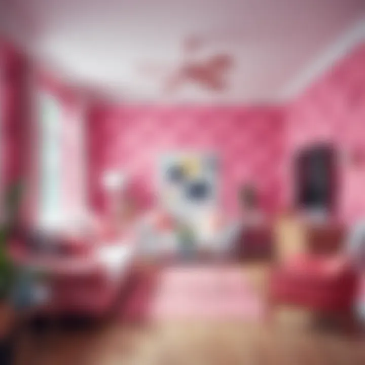Living room adorned with pink sticky wallpaper creating a vibrant atmosphere