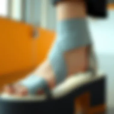 Innovative Elastic Strap Design Close-up of the elastic strap design on a platform sandal, highlighting its construction.