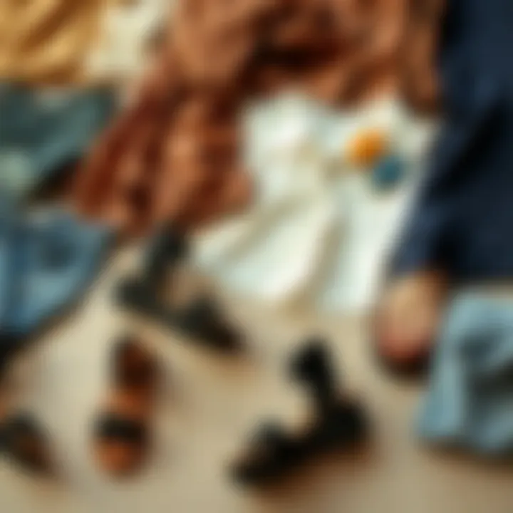 Styling Options for Every Occasion A flat lay of various outfits paired with platform sandals with elastic straps, demonstrating styling options.