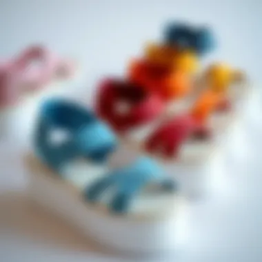 Diverse Choices in Design A group of platform sandals with elastic straps in different colors and fabrics, emphasizing choice and personalization.