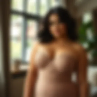 Model showcasing plus size bustier shapewear under a dress