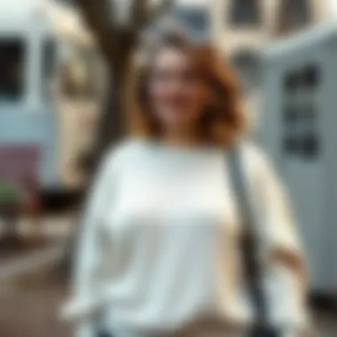 Casual outdoor setting with a model wearing a plus size light sweater