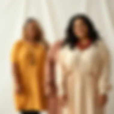 Variety of plus size long tunic tops showcasing different fabrics