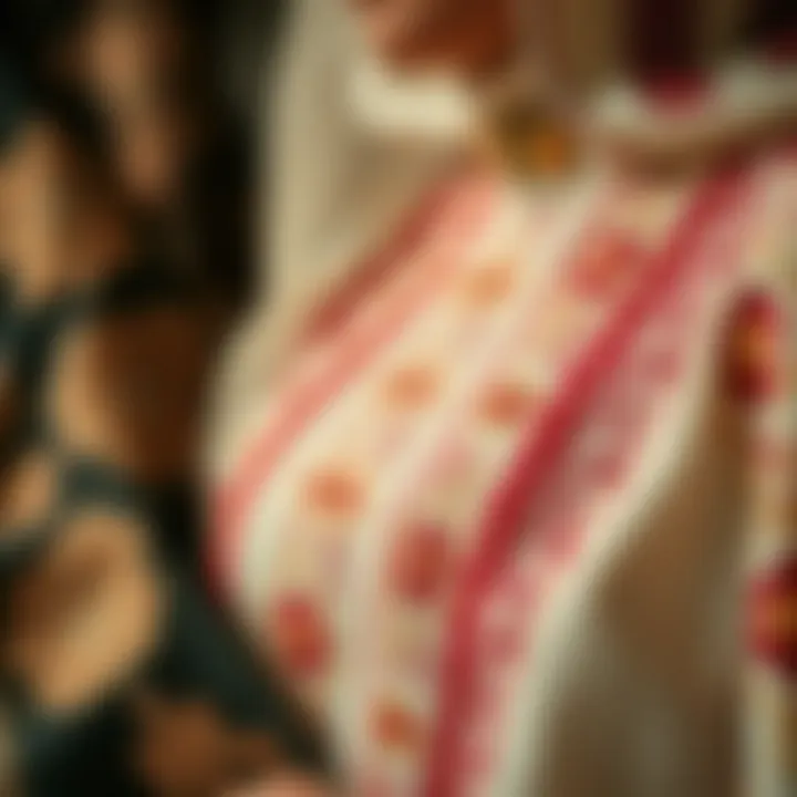 Close-up of intricate patterns and embroidery on prayer clothing.