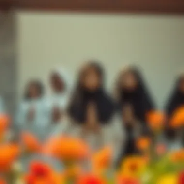 A serene setting showcasing women adorned in prayer clothes.