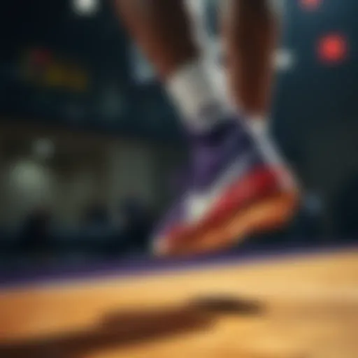 Dynamic shot of purple basketball shoes on the court