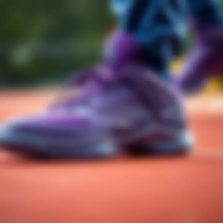 Close-up of purple basketball shoe materials and design