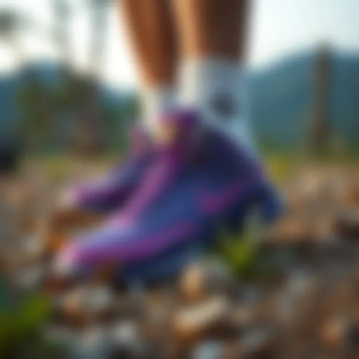Sustainable purple basketball shoes displayed in a natural setting