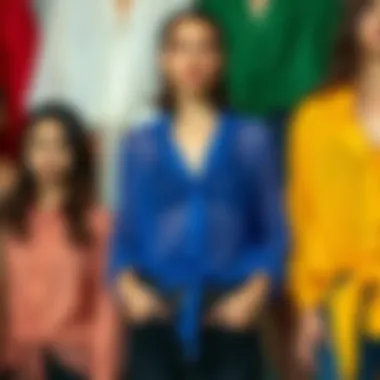 A collection of sheer tie front blouses in various colors