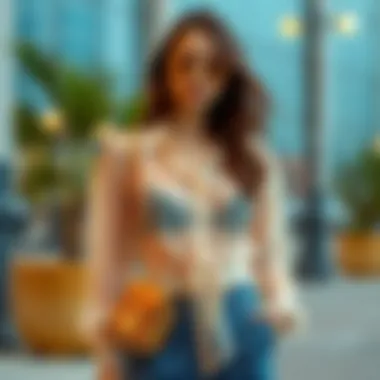 A fashionable outfit featuring a sheer tie front blouse paired with accessories