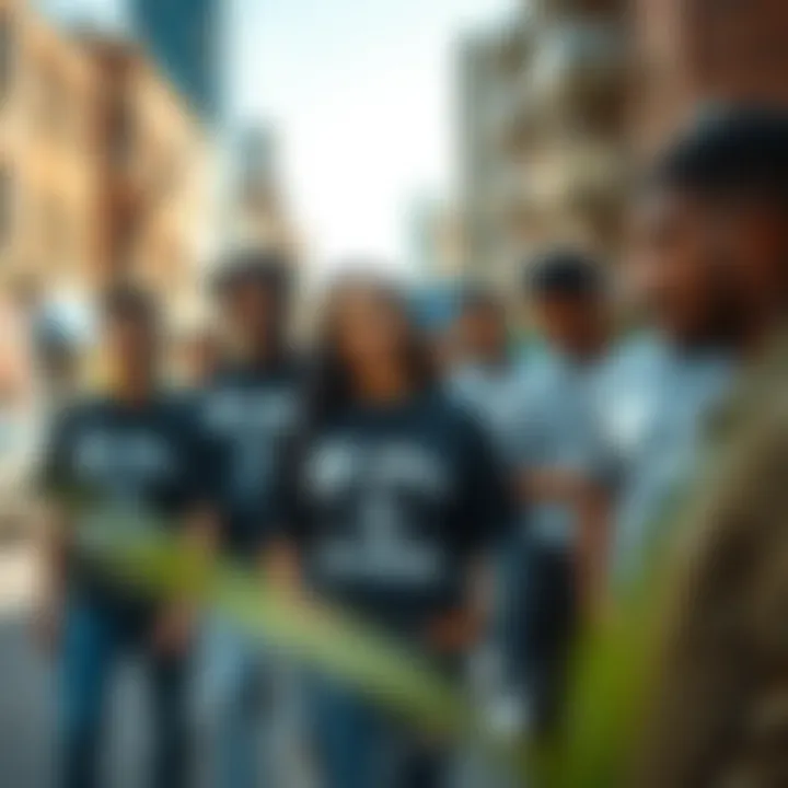 A group of diverse individuals showcasing their 'B is for Brother' shirts in a vibrant urban setting.