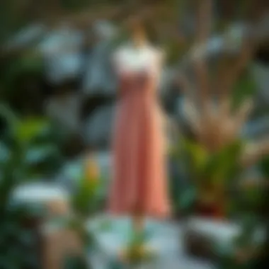 Nature's Embrace: Midi Dress in a Tranquil Environment A serene setting featuring a sleeveless pleated midi dress on display surrounded by natural elements