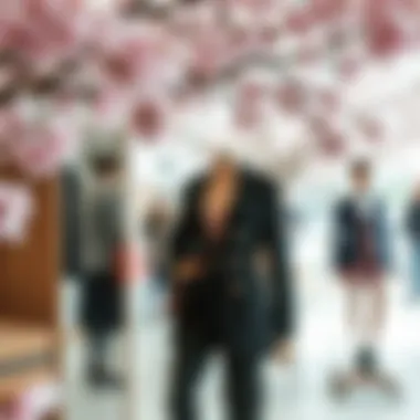 Fashion Showcase with Cherry Blossoms Real touch cherry blossom branches in a fashion showcase, enhancing the outfit’s elegance