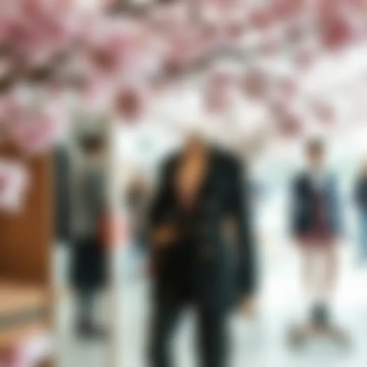 Fashion Showcase with Cherry Blossoms Real touch cherry blossom branches in a fashion showcase, enhancing the outfit’s elegance