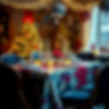 A festive table adorned with a striking disco ball tablecloth