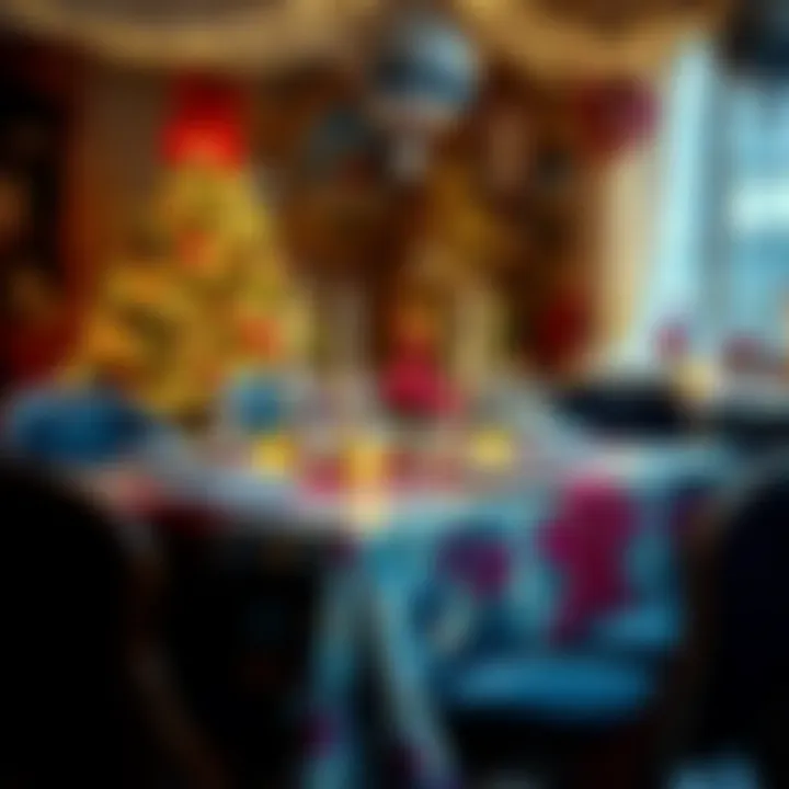 A festive table adorned with a striking disco ball tablecloth