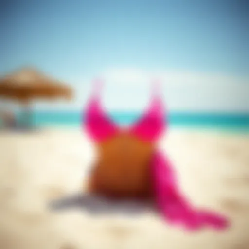Vibrant hot pink swimsuit draped on a sunlit beach