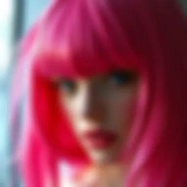 Textured Bangs of Vibrant Pink Close-up of textured hot pink wig showcasing bangs