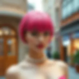 Vibrant hot pink wig with bangs styled elegantly