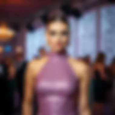 Model wearing a mock neck sequin dress at a formal event