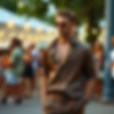 Fashionable man wearing a silk short set at a summer event