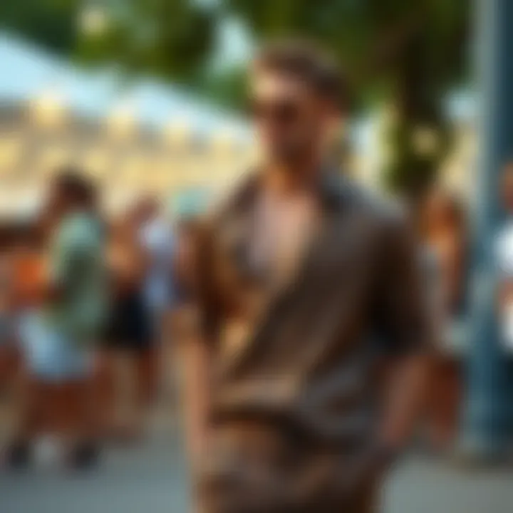 Fashionable man wearing a silk short set at a summer event
