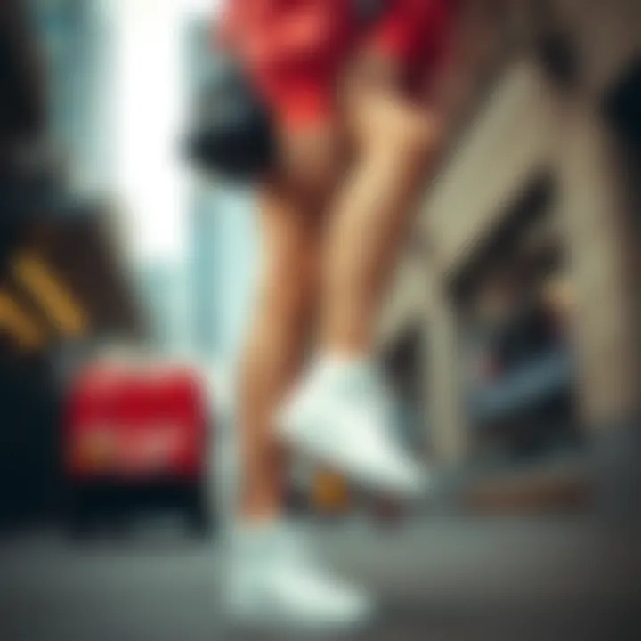 A trendy outfit styled with white skate shoes in an urban setting