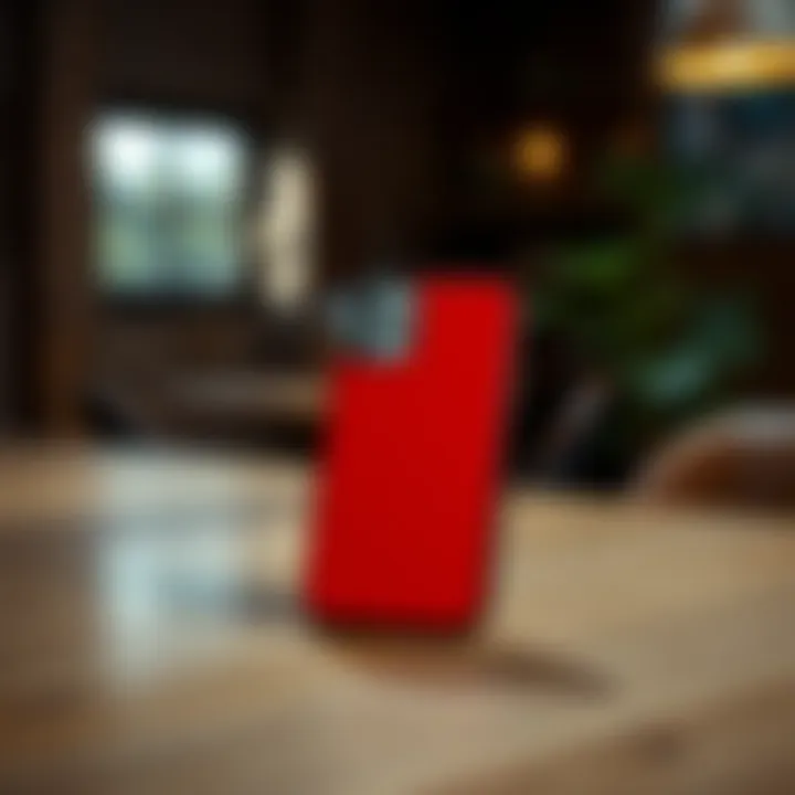 Stylish Retro Phone Case Displayed on a Wooden Table Stylish retro phone case on a wooden table