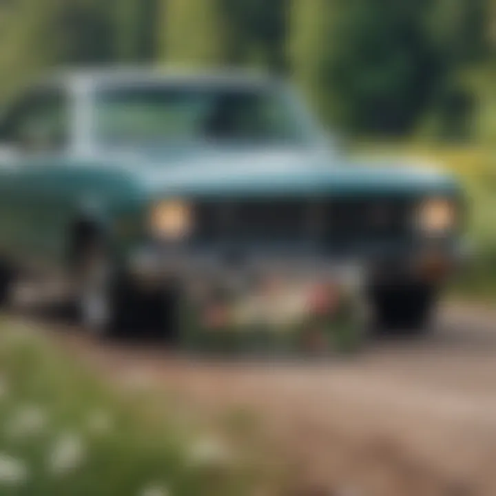 A stylish vehicle adorned with a floral license plate frame parked in a scenic location