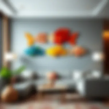 Wooden Fish Art in Modern Decor Colorful wooden fish artwork displayed in a modern living room setting
