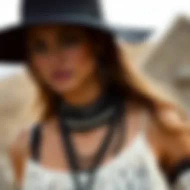 Stylish black boho accessories including layered necklaces and a wide-brimmed hat.