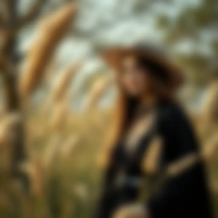 A serene outdoor setting highlighting a black boho outfit with natural elements.