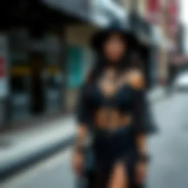 A dynamic street style shot showcasing a black boho look against urban scenery.