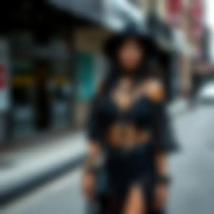 A dynamic street style shot showcasing a black boho look against urban scenery.