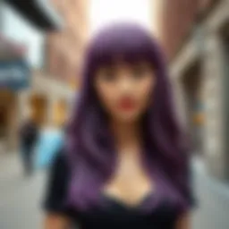 A stunning model showcasing a vibrant purple wig with bangs in a chic urban setting