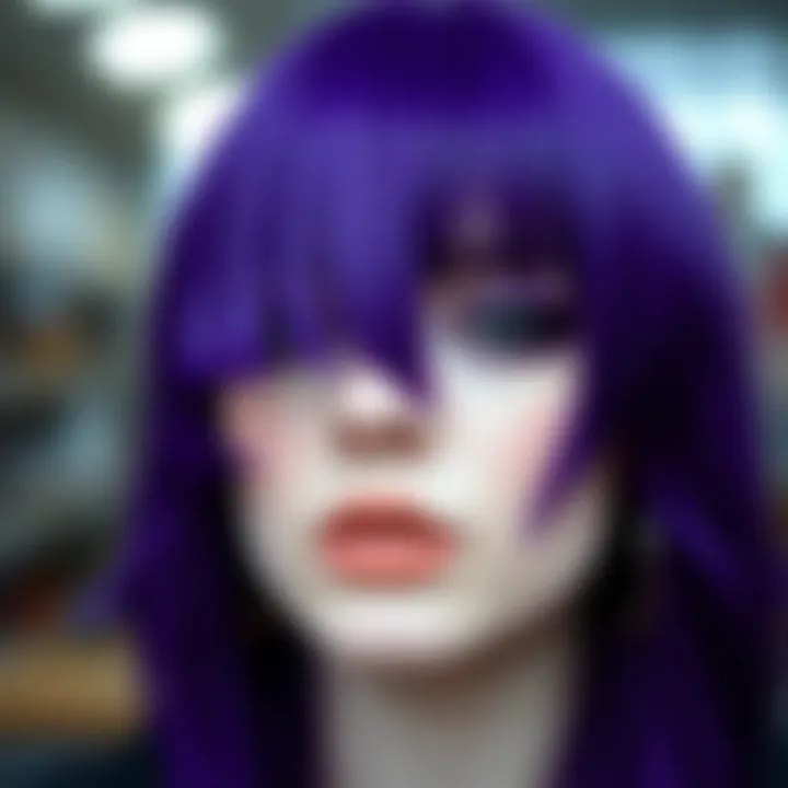 Texture and Color of Purple Wigs Close-up of a purple wig with bangs focusing on texture and color vibrancy