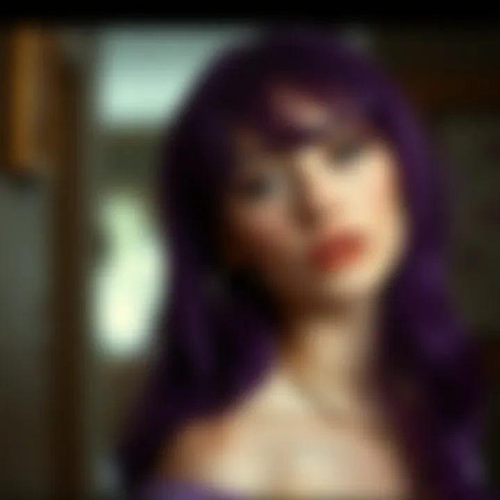 Personal Expression through Purple Hair A creative depiction of personal identity expressed through a purple wig with bangs