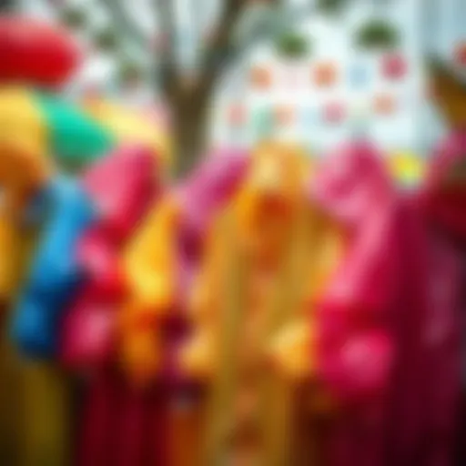 Colorful disposable raincoats displayed in a vibrant outdoor setting