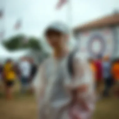 Stylish individual wearing a chic disposable raincoat at a festival