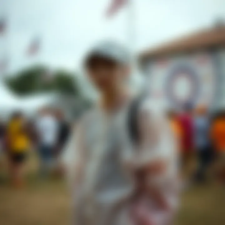 Stylish individual wearing a chic disposable raincoat at a festival