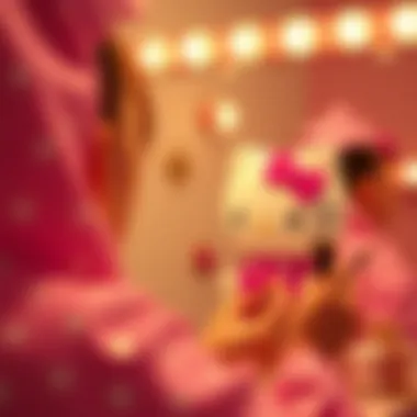 Engaging scene of a Hello Kitty mirror being used in a beauty routine