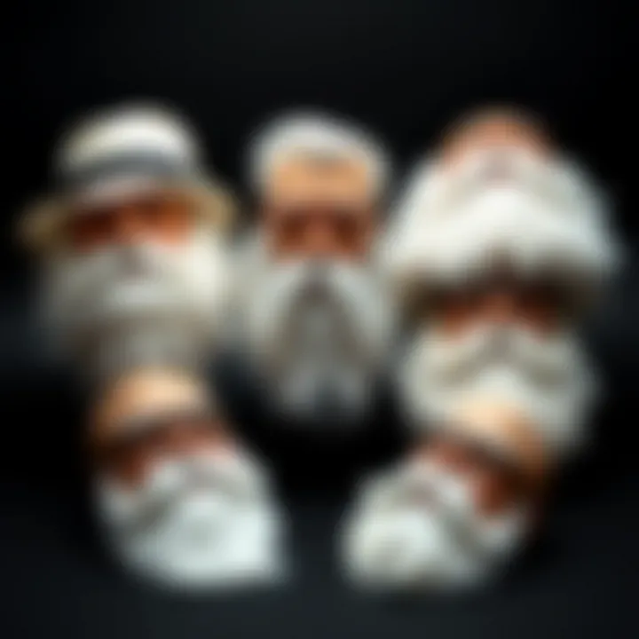 Different styles of fake white beards displayed on a contrasting background