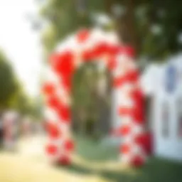 Elegant red and white balloon arch at a festive event