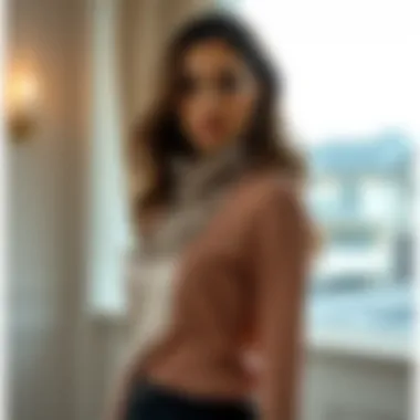 Versatile Styling in an Elegant Setting Model showcasing the versatility of the sequin cowl neck top in an elegant setting